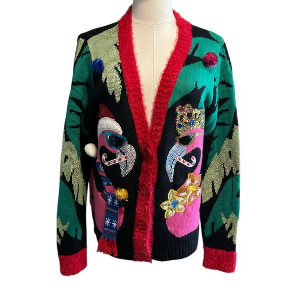 Ugly Christmas Sweater Cardigan Black Pink Flamingo SZ LG 33 Degrees Costume - Picture 2 of 12